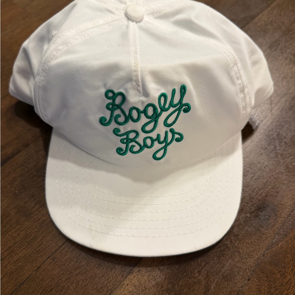 White Cap with Green Script Embroidery